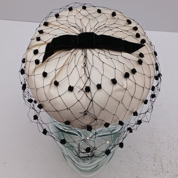 Ivory Fabric & Satin Pillbox Ladies Hat W/ Black Net Veil -Cathay of California - Picture 2 of 12